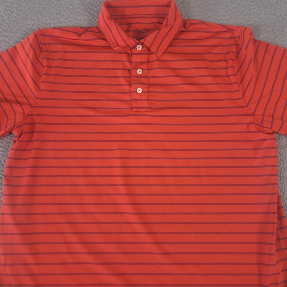 L.L. Bean Polo Shirt Mens L‎ Orange Lakewashed Performance Stripe Short Sleeve